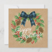 Rustic Holly Wreath Blue Checkered Bow