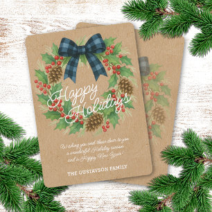 Rustic Holly Wreath Blue Checkered Bow Feiertagskarte
