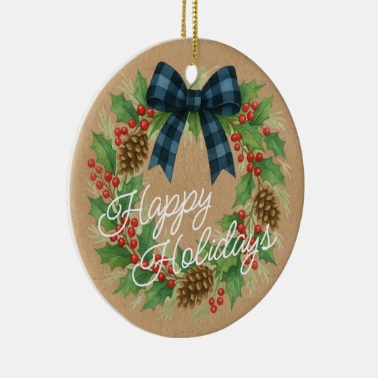 Rustic Holly Wreath Blue Checkered Bow Keramik Ornament (Rechts)