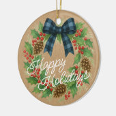 Rustic Holly Wreath Blue Checkered Bow Keramik Ornament (Links)