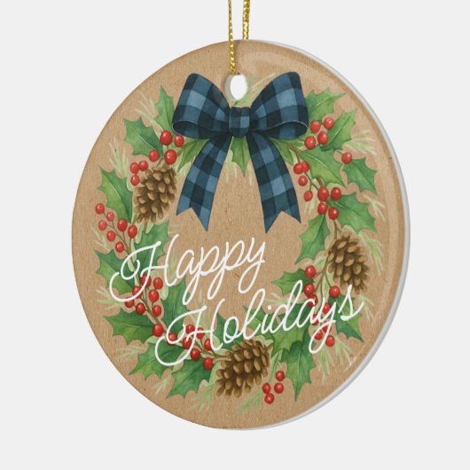 Rustic Holly Wreath Blue Checkered Bow Keramik Ornament (Links)