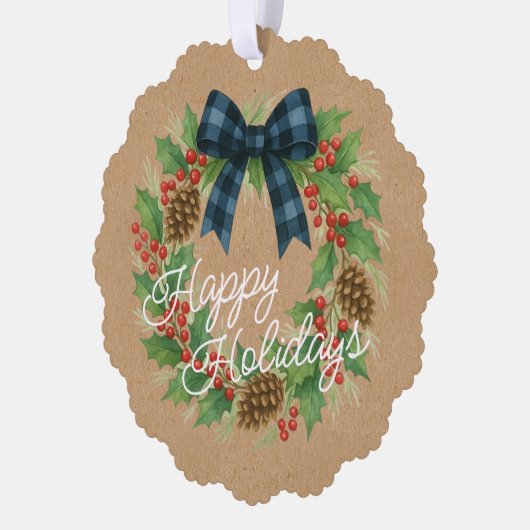 Rustic Holly Wreath Blue Checkered Bow Ornament Karte (Links)