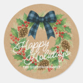 Rustic Holly Wreath Blue Checkered Bow Runder Aufkleber (Vorderseite)