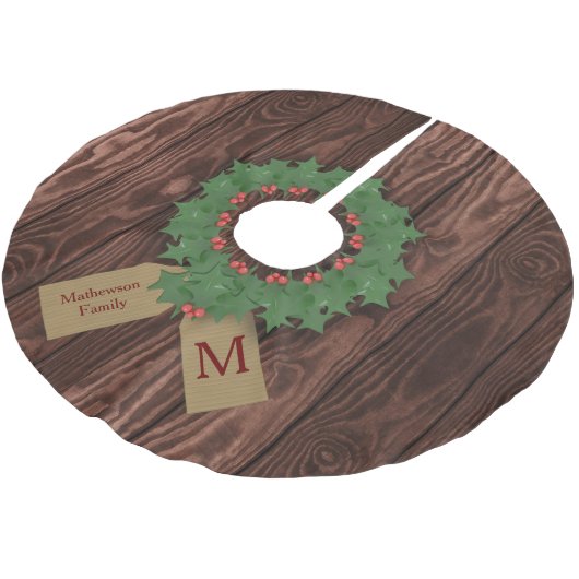 Rustic Holly Wreath Monogram Christmas Tree Skirt Polyester Weihnachtsbaumdecke (Schrägansicht)