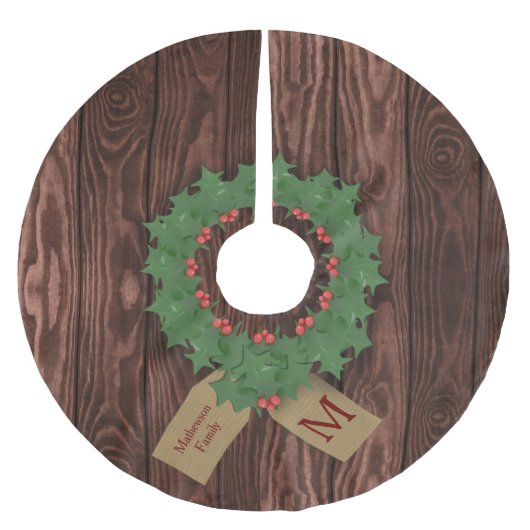 Rustic Holly Wreath Monogram Christmas Tree Skirt Polyester Weihnachtsbaumdecke (Vorderseite)