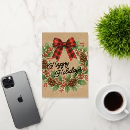 Rustic Holly Wreath Red Black Checkered Bow Gold