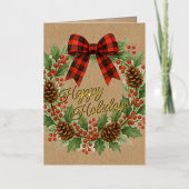 Rustic Holly Wreath Red Black Checkered Bow Gold (Vorderseite)