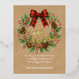 Rustic Holly Wreath Red Black Checkered Bow Gold Folien Feiertagspostkarte