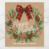 Rustic Holly Wreath Red Black Checkered Bow Weinetikett (Einzelnes Label)