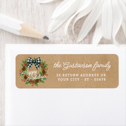 Rustic Holly Wreath White Black Checkered Bow (Insitu)