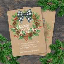 Rustic Holly Wreath White Black Checkered Bow