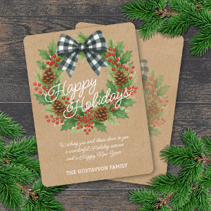 Rustic Holly Wreath White Black Checkered Bow Feiertagskarte