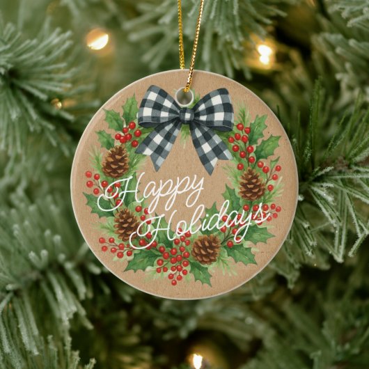 Rustic Holly Wreath White Black Checkered Bow Keramik Ornament (Baum)