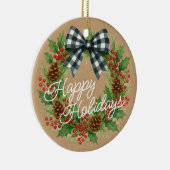Rustic Holly Wreath White Black Checkered Bow Keramik Ornament (Rechts)