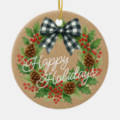 Rustic Holly Wreath White Black Checkered Bow Keramik Ornament (Vorne)
