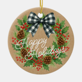Rustic Holly Wreath White Black Checkered Bow Keramik Ornament