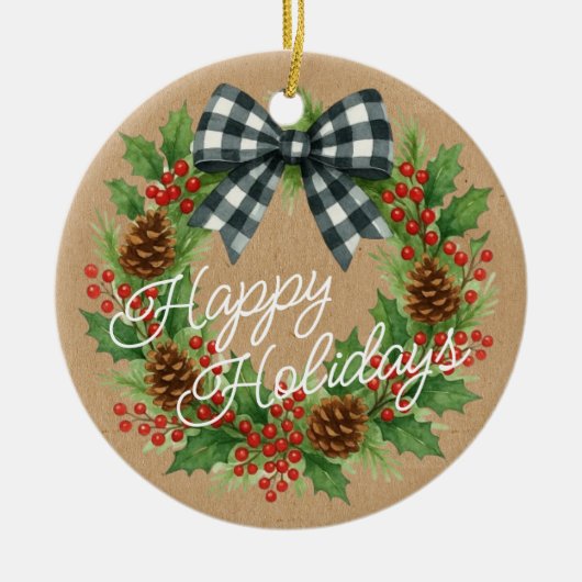 Rustic Holly Wreath White Black Checkered Bow Keramik Ornament (Vorne)
