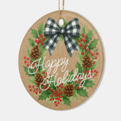 Rustic Holly Wreath White Black Checkered Bow Keramik Ornament (Links)