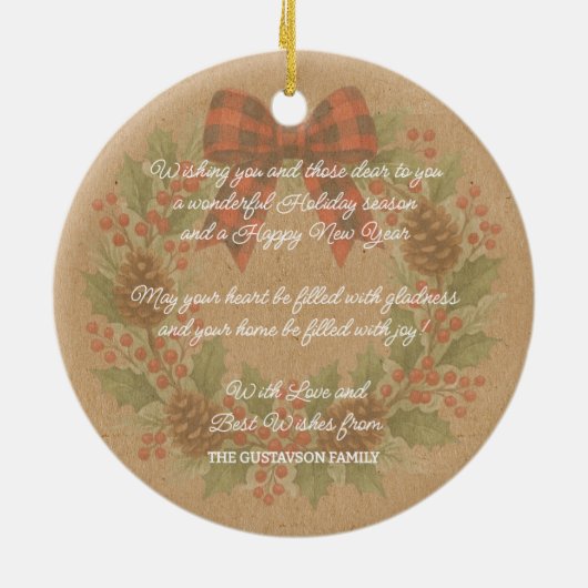 Rustic Holly Wreath White Black Checkered Bow Keramik Ornament (Hinten)