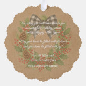 Rustic Holly Wreath White Black Checkered Bow Ornament Karte (Rückseite)