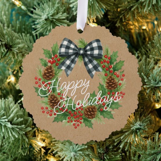 Rustic Holly Wreath White Black Checkered Bow Ornament Karte (Insitu (Baum))