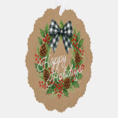 Rustic Holly Wreath White Black Checkered Bow Ornament Karte (Rechts)