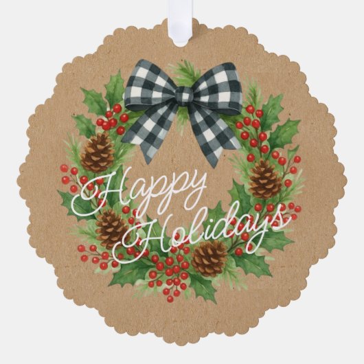 Rustic Holly Wreath White Black Checkered Bow Ornament Karte (Vorderseite)