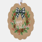 Rustic Holly Wreath White Black Checkered Bow Ornament Karte (Links)