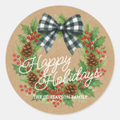 Rustic Holly Wreath White Black Checkered Bow Runder Aufkleber (Vorderseite)