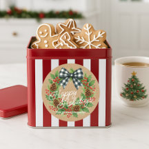 Rustic Holly Wreath White Black Checkered Bow