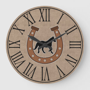 Rustic Horseshoe and Black Horse Faux Burlap Große Wanduhr