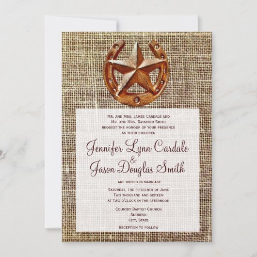 Rustic Horseshoe Star Burlap Hochzeit Einladungen (Vorderseite)
