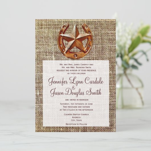 Rustic Horseshoe Star Burlap Hochzeit Einladungen (Stehend Vorderseite)