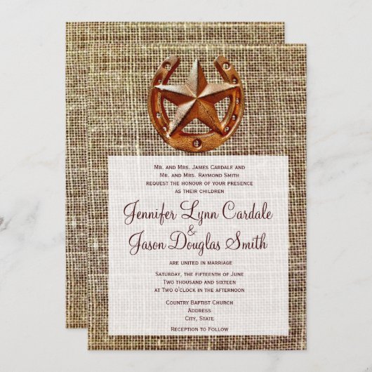 Rustic Horseshoe Star Burlap Hochzeit Einladungen (Vorne/Hinten)