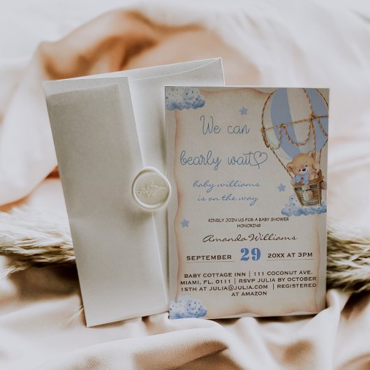 Rustic Hot Air Ballon Bear Baby Boy Dusche Einladung