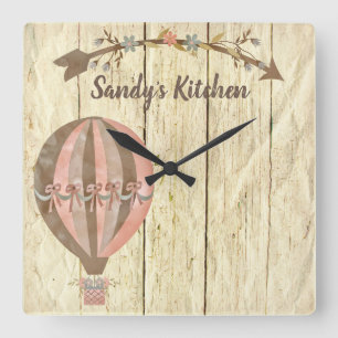 Rustic Hot Air Balloon Personalized Kitchen Clock Quadratische Wanduhr