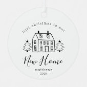 Rustic House and Trees First Christmas New Zuhause Ornament Aus Metall (Vorderseite)