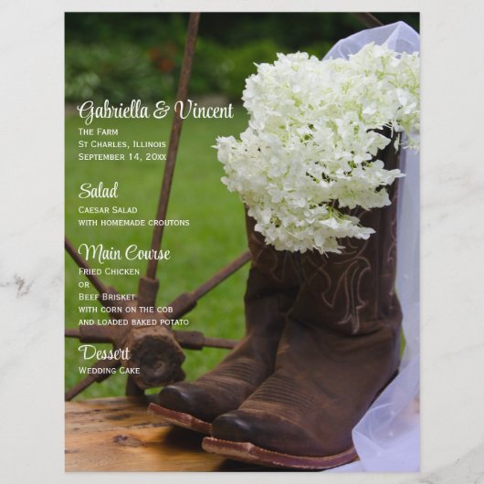 Rustic Hydrangea Cowboy Boots Western Wedding Menu (Vorderseite)