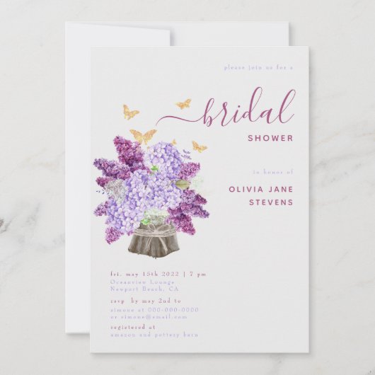 Rustic Hydrangea Lilac Elegant Boho Brautparty Einladung (Vorderseite)