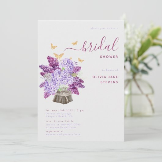 Rustic Hydrangea Lilac Elegant Boho Brautparty Einladung (Stehend Vorderseite)
