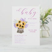 Rustic Hydrangea Sunflowers Boho Girl Baby Dusche Einladung (Stehend Vorderseite)