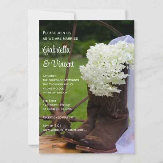 Rustic Hydrangea und Cowboy Boots Western Wedding Einladung (Vorderseite)