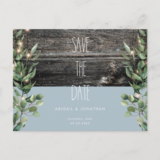 Rustic Icy Blue Foliage Wedding Save the Date Postkarte (Vorderseite)