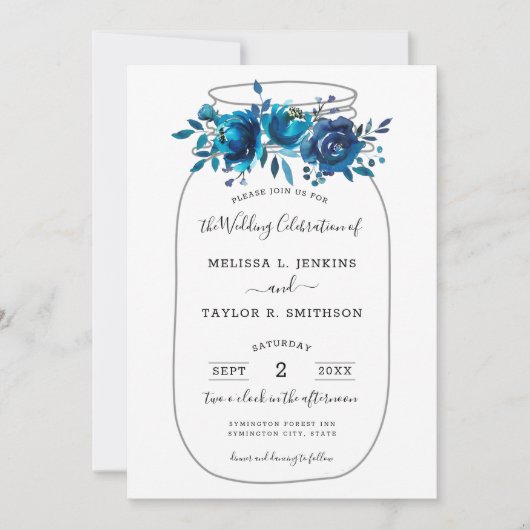 Rustic Indigo Peony Mason Jar Wedding Einladung (Vorderseite)