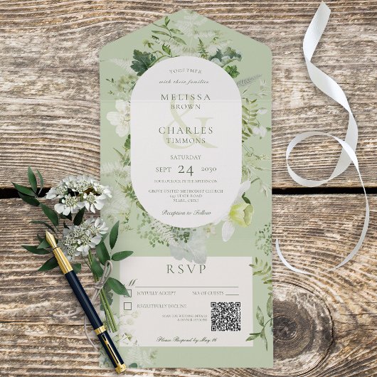 Rustic Ivy Ferns & Greenery Sage Green QR Code All In One Einladung