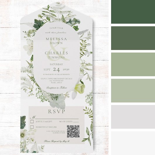 Rustic Ivy Ferns & Greenery White QR Code All In One Einladung