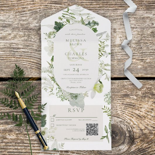 Rustic Ivy Ferns & Greenery White QR Code All In One Einladung
