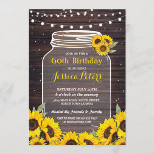 Rustic Jar Birthday Party Wood Sunflower Fireflies Einladung