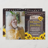 Rustic Jar Birthday Party Wood Sunflower Foto Einladung (Vorne/Hinten)