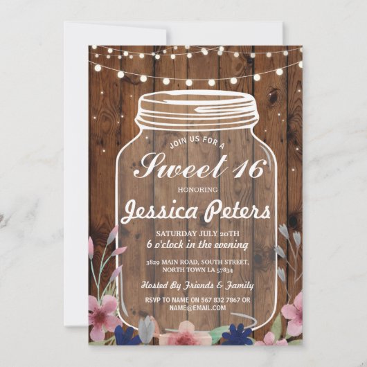 Rustic Jar Sweet 16 Party Wood Floral Einladung (Vorderseite)